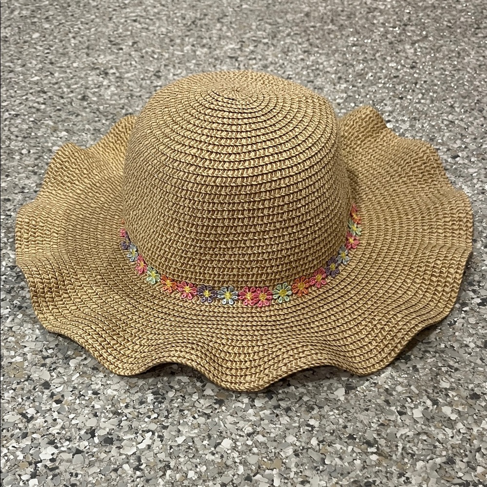 Straw Floppy Sun Hat with Floral Trim - Tan